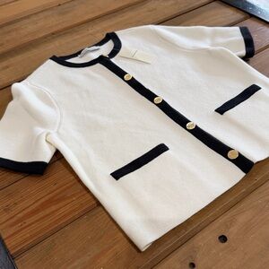 Abercrombie & Fitch White Knit Short-Sleeve Cardigan with Black Trim